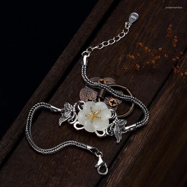 Cadena de eslabones versión coreana Original de plata de ley Simple, Jade blanco, flor de ciruelo, pulsera de arte salvaje para mujer, colgante para estudiante