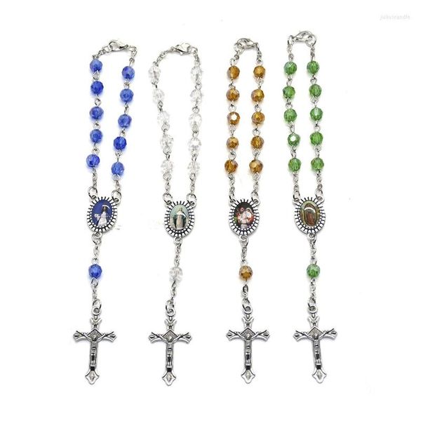 Cadena de enlaces PC Rosary Beads Pulsera de cristal Medalla Católica Católica Oración religiosa Communión Confirmación Regalo para mujeres Menlink