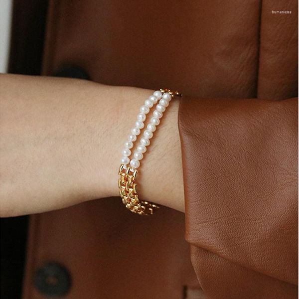 Cadena de eslabones Peri'sbox Mix 2 capas pulsera de perlas naturales de agua dulce correa de reloj ancha pulseras gruesas para mujeres joyería de lujo Trum22