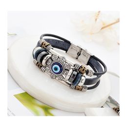 Chaîne à maillons Punk Turc Mauvais Oeil En Acier Inoxydable Bend Mtilayer Bracelet En Cuir Homme Femme Charme Fleur Bijoux Bracelet Bijouterie Dr Dhfjh