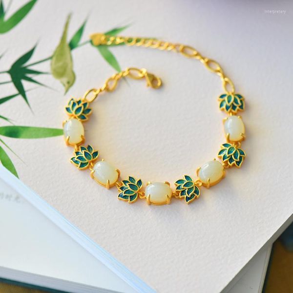 Cadena de eslabones Retro chapado en oro Pulseras artesanales con incrustaciones de imitación Hetian Jade Lotus Esmalte Color Pulsera Manos Joyería para mujeres Inte22