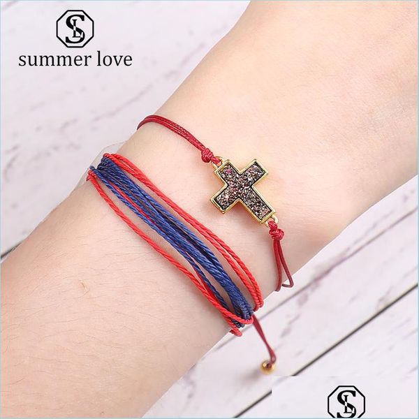 Lien Chaîne Vente Avec Carte Résine Naturelle Pierre Croix Druzy Bracelet Colorf Corde Corde Tresse Réglable Bracelets Pour Hommes Femmes Wish Dhwju