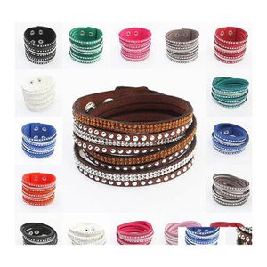 Linkketen verkopen Rhinestone Crystal Mtilayer armbanden armbanden flanellen lederen wrap armband polsbandjes voor vrouwen snapknop jood otgiv