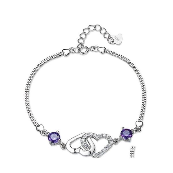 Lien chaîne Sier coeur à relier Bracelet mode modèles féminins mignon Vintage sauvage Super Flash bijoux cristaux violets Bracelets Drop de Dhwqm