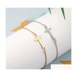 Chaîne à maillons Simple Jésus Croix Bracelet à breloques en acier inoxydable pour femmes Bohême Sier plaqué or réglable Mode Amitié Bijou Dhj0B