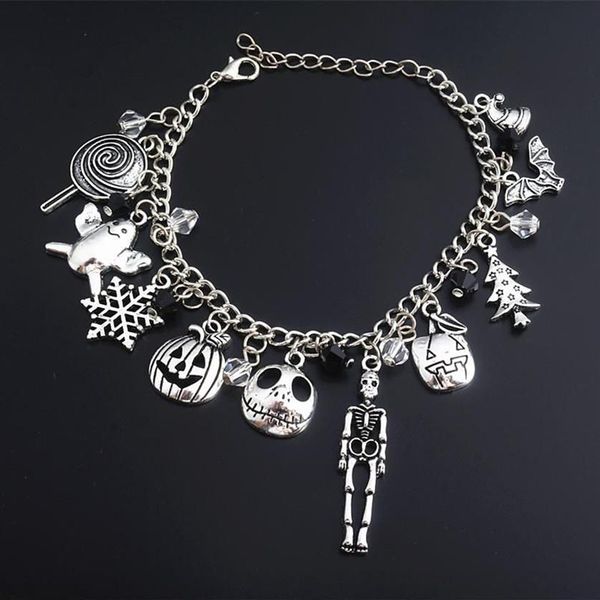 Cadena de eslabones Pesadilla antes de Navidad Pulsera Jack Skellington Copos de nieve Calabaza Calavera Encantos Brazalete Pulseras Halloween Je306S