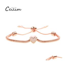 Cadena de eslabones de moda ajustable corazón encanto pulseras brazaletes para mujeres oro rosa Sier Color Cubic Zirconia moda fiesta joyería regalo Otmca