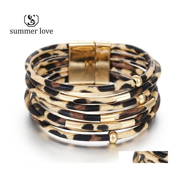 Bracelets en cuir léopard à la mode pour femmes, chaîne à maillons, perles de cuivre enveloppées, fermoir magnétique, bijoux en gros, Dh1Lu