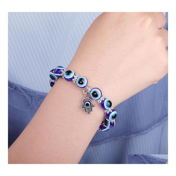 Lien Chaîne Turquie Evil Blue Eyes Bracelets Perlés Hamsa Main Charme Bracelet Élastique Bracelets En Gros Bijoux Drop Delivery Otjft