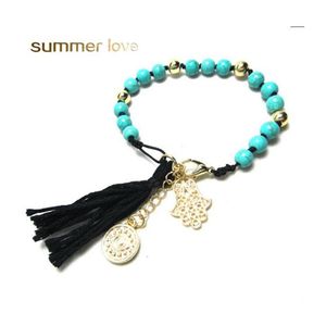 Linkketen turquoise gevlochten touw kwast handpalm hanger armband voor vrouwen mode natuursteen kralen armbanden 3583 q2 drop de dhqvs