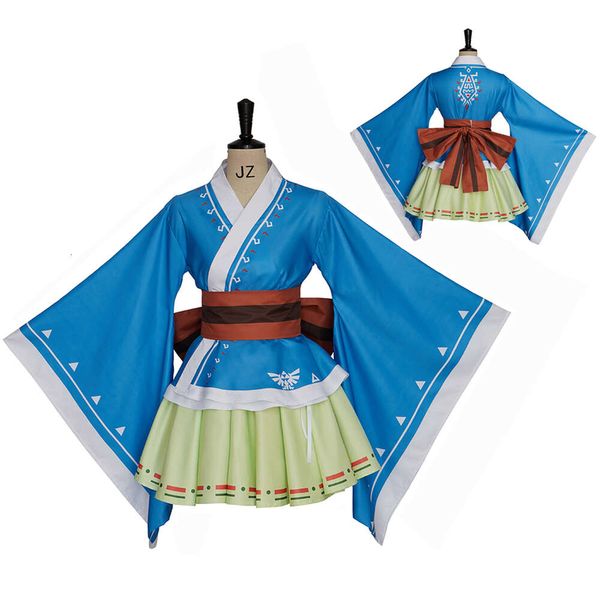 Disfraz de Cosplay de Link, bata de kimono japonés, kimono Yukata, versión azul claro, disfraz de juegos completos, traje de Carnaval de Halloween