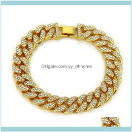 Link, JewelryLink, cha￮ne 21cm * 12 mm Golden Women Charm Men Simulate Stone Miami Cuban Bracelets Iced Out Bling Rhinestone Chains Hip Hop Juif