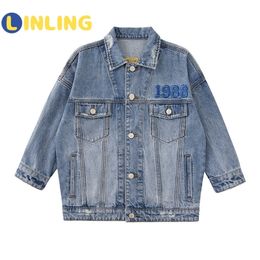 LINLING Casual Niños Niñas Denim Jean Otoño Chaqueta adolescente ropa Botón Abrigo Outwear Tops Outwear Streetwear V259 LJ201130