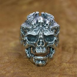 LINSION 925 Sterling Silver High Details Dragon Skulls Ring Mens Biker Ring TA132 Taille US 7 à 15243C