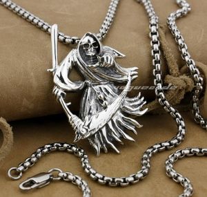 LINSION 925 Argent Sterling Grande Faucheuse Faux Mort Hommes Biker Rock Punk Pendentif 9H012 Collier en Acier Inoxydable 24 pouces2310551