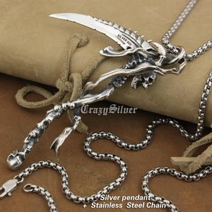 LINSION Énorme 925 Sterling Silver Grim Reaper Crâne Faucille Scythe Biker Pendentif TA22 Collier En Acier Inoxydable 24 pouces231L