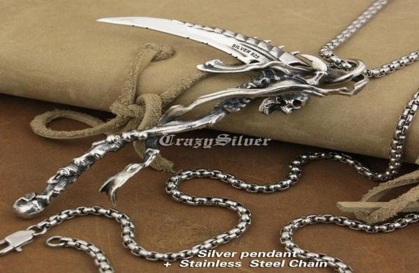 Linsion Énorme 925 Silver Silver Grim Reaper Skull Scare Scythe Biker Pendant Ta22 Collier en acier inoxydable 24 pouces3824542