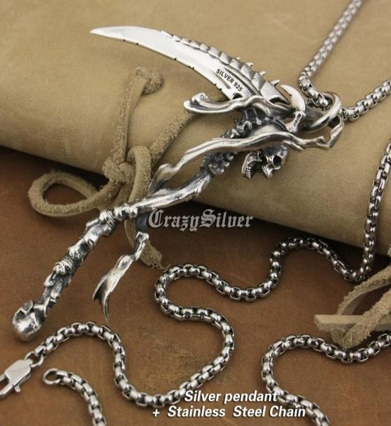 Linsion Énorme 925 Silver Silver Grim Reaper Skull Scare Scythe Biker Pendant Ta22 Collier en acier inoxydable 24 pouces5139572