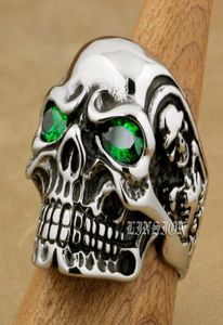 Linsion Énorme lourd 316L en acier inoxydable vert cz yeux titan crâne masculin biker rock punk ring 3a3013412247