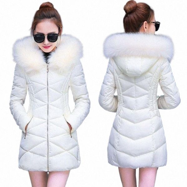 Linxiqin coréen Fi Slim mince vers le bas Cott veste tout-Match mi-longueur Cott femmes haut grand col de fourrure femme manteau hiver F2GM #