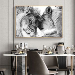 Lion Couples Toile Peinture Noir Blanc Images décoratives pour salon Kid'room Moderne Art Accueil Décor Cudros Pas de cadre