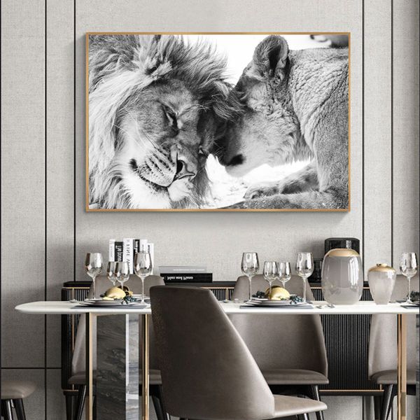 Lion Couples Toile Peinture Noir Blanc Images décoratives pour salon Kid'room Moderne Art Accueil Décor Cudros Pas de cadre