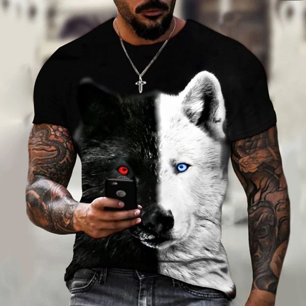 Lion Fighting Animal Beast Fierce Lion Wolf 3D T-shirt Nouvel Summer Men's Surdimension à manches courtes en noir et blanc Polyester