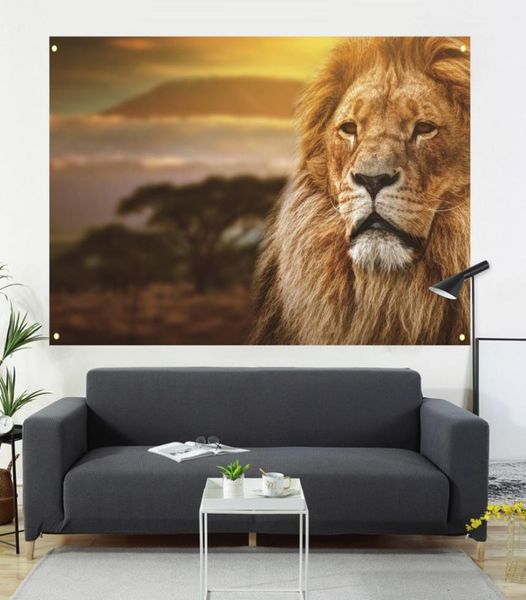 Lion Half Head With Picture and Flag Soall Decoration Decoración de interiores Home Pintura 600D Oxford Cloth 100 150cm7457919