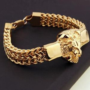Bracelet de chaîne à maillons en or tête de lion pour hommes en acier inoxydable personnalisé chaînes de charmes d'animaux bracelet hip hop punk goth bijoux B242f