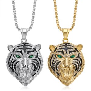 Collier tête de lion – Accessoire unisexe audacieux inspirant courage et style Hip Hop Bijoux en acier inoxydable plaqué or avec pendentif tête de tigre yeux rouges et verts