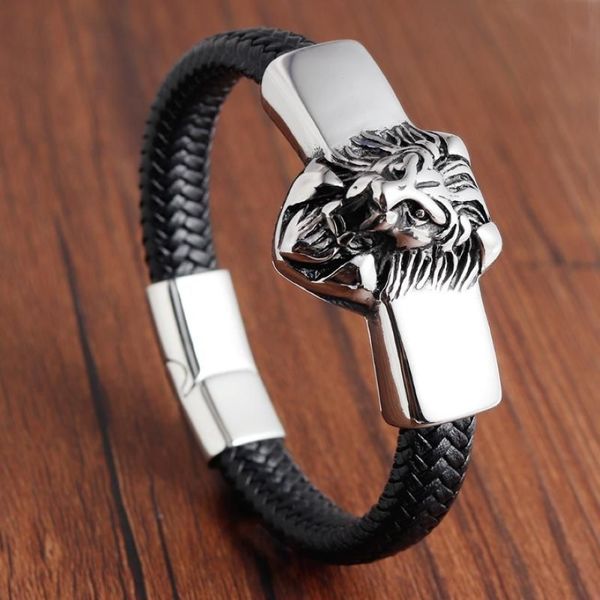Lion en cuir corde hommes bracelet en acier inoxydable en acier inoxydable casse-cou vache tressé multi-couches enveloppe à la mode pulsera hombre187a