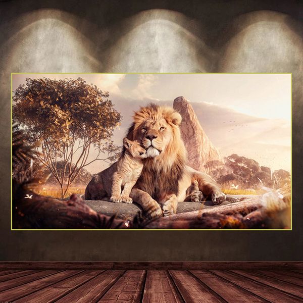 Lion maman et bébé Lion face à Face montrant l'amour, peintures sur toile abstraites, affiche et impression d'images d'art murales d'animaux, décoration de maison