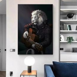 Löwe spielt Gitarre, Tierkunst, Leinwandgemälde, Cuadros-Poster, Druck, Wandkunst für Wohnzimmer, Heimdekoration (kein Rahmen)