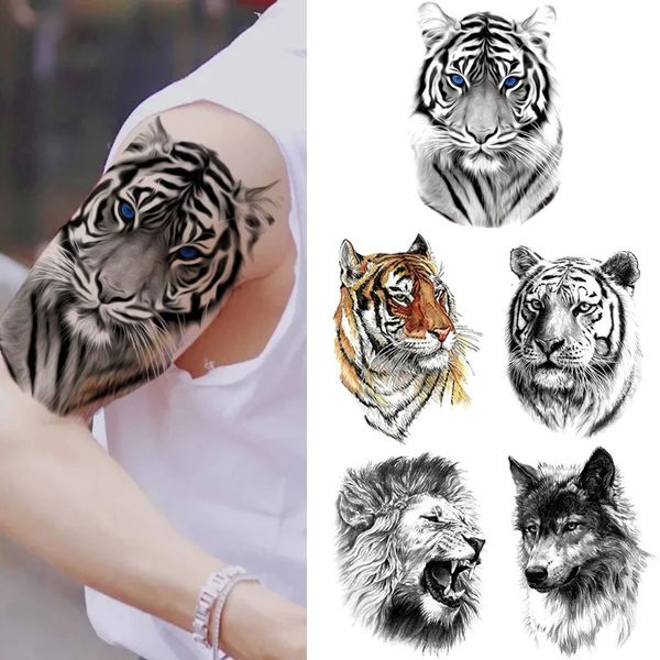Lion tigre cool tatouage temporaire autocollant mode loup imperméable animal art art de corps
