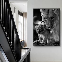 Lioness en Cub Black -and White Canvas Art Painting Posters and Prints Scandinavian Wall Art Abstract Picture Home Decor Cuadros