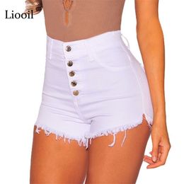 Liooil negro blanco rojo pantalones cortos de mezclilla de algodón de cintura alta bolsillos con botones flacos mujeres verano Sexy Jean 210719