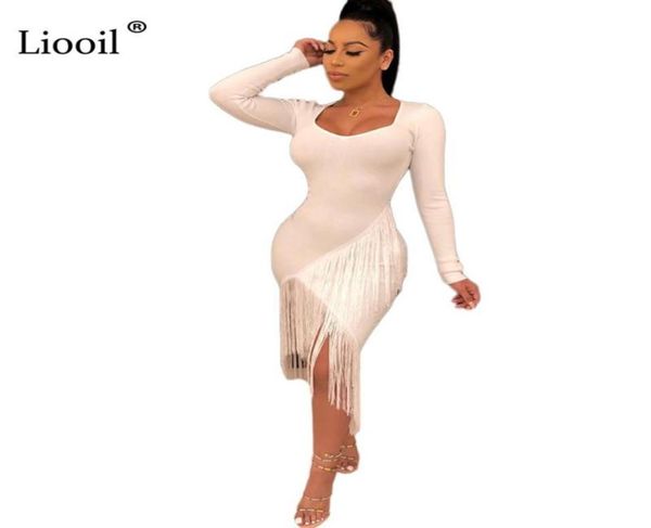 Liooil noir blanc Sexy gland moulante robe mi-longue femmes 2019 automne asymétrique à manches longues boîte de nuit fête robes ajustées1448955