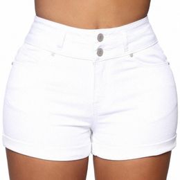 Liooil Cott Stretchy High Cintura Jean Shorts Mujer Verano 2023 Sudor casual con cremallera de bolsillo Blanco Negro Pantalones cortos de mezclilla con puños K7sI #