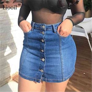 Liooil katoen denim knop omhoog hoge taille potlood rokken vrouwen met zakken herfst streetwear blauwe sexy bodycon mini rok 210619