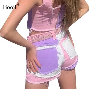 Liooil Patchwork Coton Gland Sexy Denim Shorts Femmes Mi Taille D'été Streetwear Poches Couleur Bloc Maigre Jean 210724