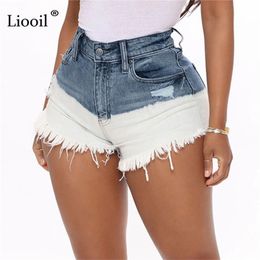 Liooil Patchwork Hole High Cintura Ripped Jeans cortos con borla Mujeres Botón Bolsillos con cremallera Lavado Pantalones cortos sexy desgastados 210714