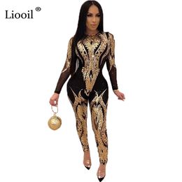 Liooil Plus Size Gold Silver Sexy Sequin Bodycon Mesh Jumpsuit Femmes Voir à travers Party Club Barboteuses Combinaisons Serrées Long Pantalon T200113