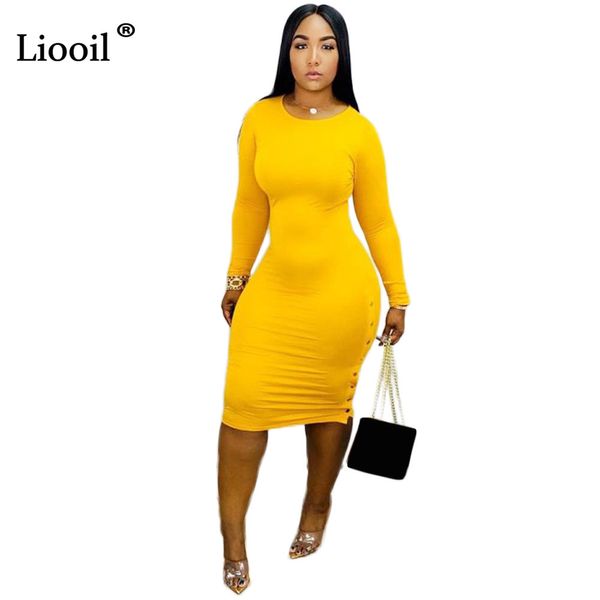 Liooil Sexy moulante robe mi-longue femmes automne hiver 2019 Streetwear à manches longues col rond noir boîte de nuit fête robes ajustées