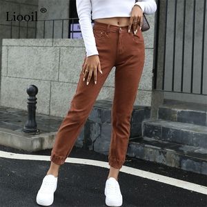 Liooil Streetwear Cotton Elastic Taille Bruin Jean Pant Denim Broek met zakken Lente Womens Stretch Sexy Jeans 220310