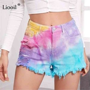 Liooil Tie Dye Print Ripped Denim Shorts Mujer con borla Summer Streetwear Algodón Mid Waist Bottoms Sexy Hole Jean 210724