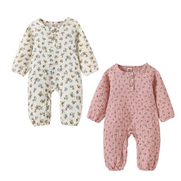 Lioraitiin 0-18M nouveau-né bébé filles barboteuse décontracté motif imprimé fleuri col rond manches longues combinaison Beige/rose G1221