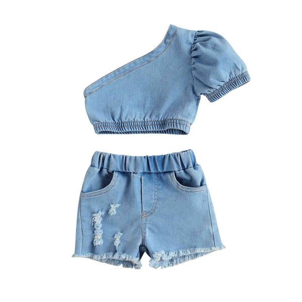 Lioraitiin 0-4 años Niño Bebé Niña Fshion Ropa de verano Conjunto de un hombro Top Camisa Agujero Demin Shorts 2pcs Traje G220217