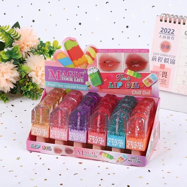 Bálsamo labial 24 piezas 6 colores Lentejuelas brillantes Conjunto de aceite labial brillante Helado Cambio de color Hidratante Brillo labial Kawaii Labios Maquillaje Venta al por mayor 230724