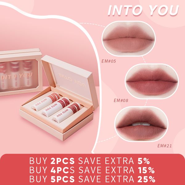 Bálsamo labial INTO YOU Makeup Lip Gloss Set 3pcs Matte Velvet Lip Mud Taza antiadherente impermeable de larga duración No se desvanece Lápiz labial Caja de regalo 230712