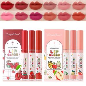 Lipgloss 3 kleuren/set fruit mat set natuurlijke hydratize waterdichte blijvende fluwelen sexy rode vloeistof lipstick kit schoonheid cosmetica